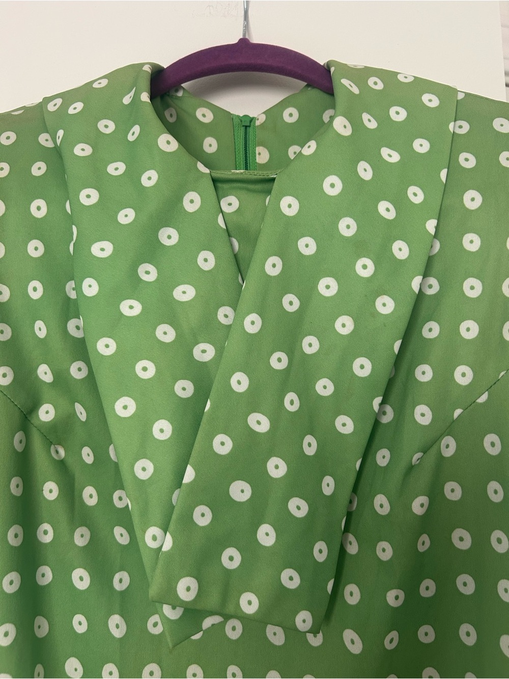 Vintage 60s 70s Green Polka Dot Midi Dress with Tie Neck - Picture 4 of 5